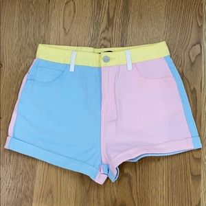 high waisted color block denim shorts
